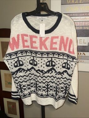 Simply Southern White Pullover Sweater with Pink 'WEEKEND' and Navy Fair Isle